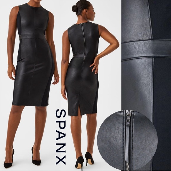 SPANX Faux Leather Sheath Dress Sleeveless Ponte Luxe Valentines Modern Black 2X - Picture 1 of 14